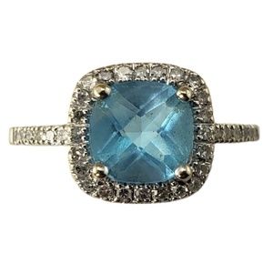 Vintage 14 Karat White Gold Blue Topaz and Diamond Ring Size 7.25 #15633